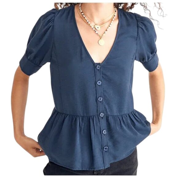 Madewell Drapeweave Puff Sleeve Peplum Blouse Teal Soft Workwear S - Picture 1 of 8